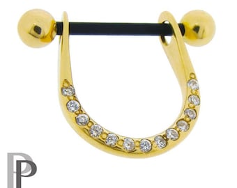 Gold nipple piercing solid 18K and white crystals