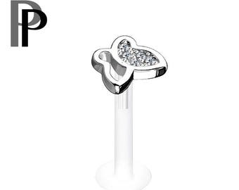 Piercing Labret Bioflex et papillon - Cristaux blancs