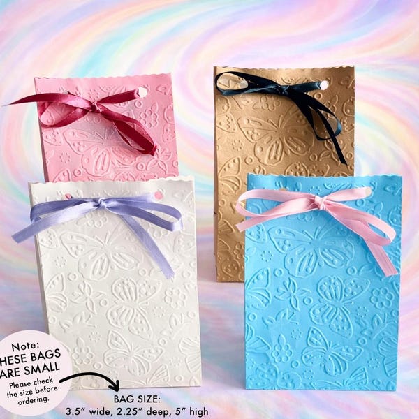20 Small Butterfly Embossed Favor Bags, Available in 4 Colors