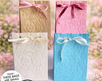20 Small Fancy Flower Embossed Paper Favor Bags with Ribbon, Available in 4 Colors