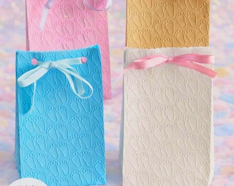 20 Small Baby Feet Embossed Paper Bags with Ribbon for Newborn Celebrations