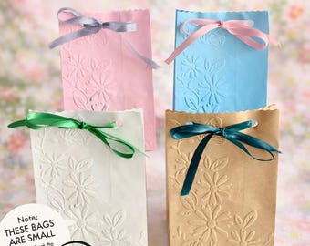 20 Small Paper Floral Embossed Favor Bags with Ribbon Ties, Available in 4 Colors