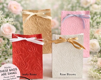 20 Small Rose Embossed Favor Bags with Ribbon, 2 Designs and 4 Bag Colors