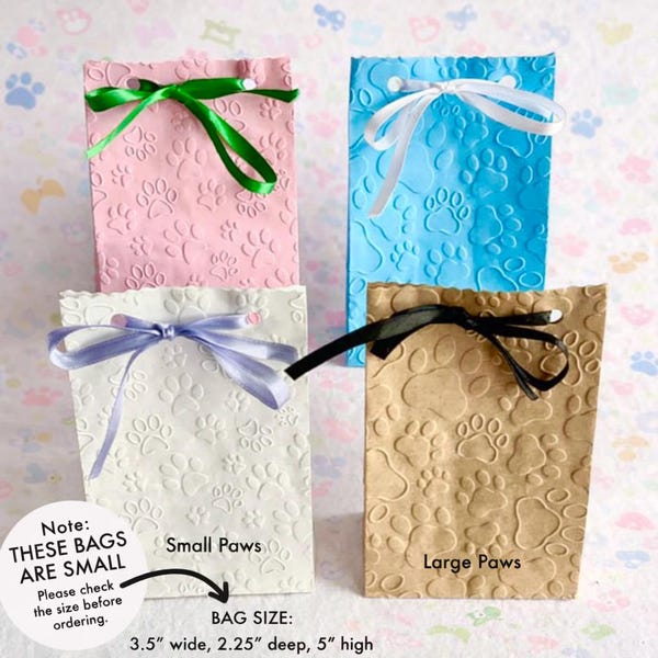 20 Small Paw Print Pet Themed Embossed Favor Bags, Available in 4 Colors
