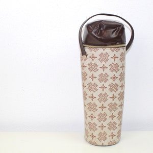 May include: A brown and beige insulated bottle carrier with a brown leather handle and a zip closure. The carrier has a repeating pattern of brown stars and the words "100% KITZIA" on a beige background.