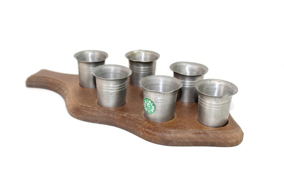 6 Tin Cups on Wooden Tray | Alwe Zinn | Vintage - Etsy