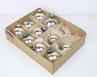 10 antique Christmas tree baubles | Glass with metal closure | Silver | West Germany | vintage | festive