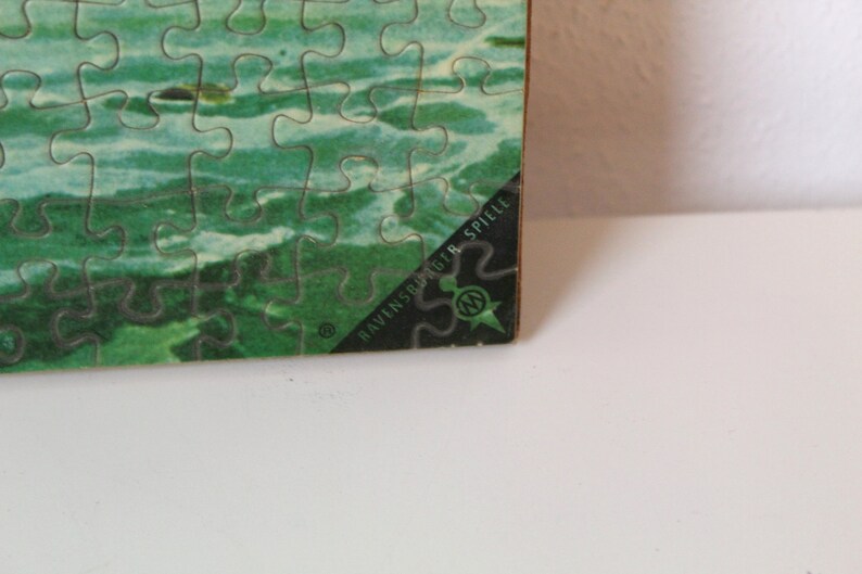 K&ouml;nnte beinhalten: Nahaufnahme der Ecke einer Puzzlebox mit einem gr&uuml;nen und blauen Bild von Wasser. Die Box ist mit "Ravensburger Spiele" beschriftet.