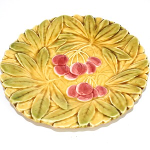 Decorative ceramic plate France | yellow | with cherries - painting | Wall plate | Vintage