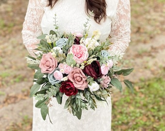 Dusty Rose Wedding Bouquet, Mauve Pink Flowers, Silk Foam Bouquet