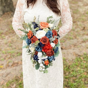 Cascade bouquet, Terracotta, slate blue, and Navy blue Fall wedding bouquet, Burnt orange, Custom Fall Flowers