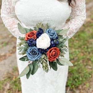 Cascade bouquet, Terracotta, slate blue, and Navy blue, Bridesmaid bouquet, Fall wedding bouquet, Burnt orange, Custom Fall Flowers