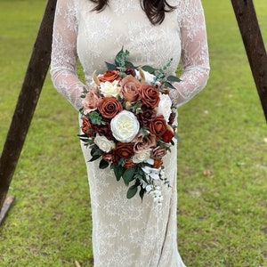 Cascade Terracotta and taupe, orange, sage green, taupe, terracotta and ivory bouquet, boho bouquet, fall bouquet