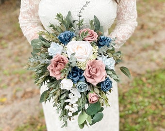 Light Dusty Rose and dusty blue Flowers, Mauve Wedding Bouquet, Pink Wedding Flowers, Custom Wedding bouquets