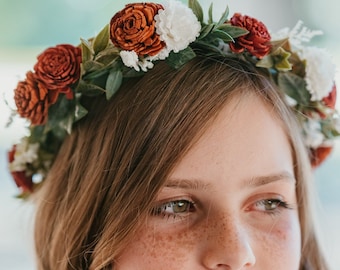 Couronne de fleurs en terre cuite, rouille et crème, accessoire de demoiselle d'honneur orange brûlé et blanc cassé, serre-tête de demoiselle d'honneur