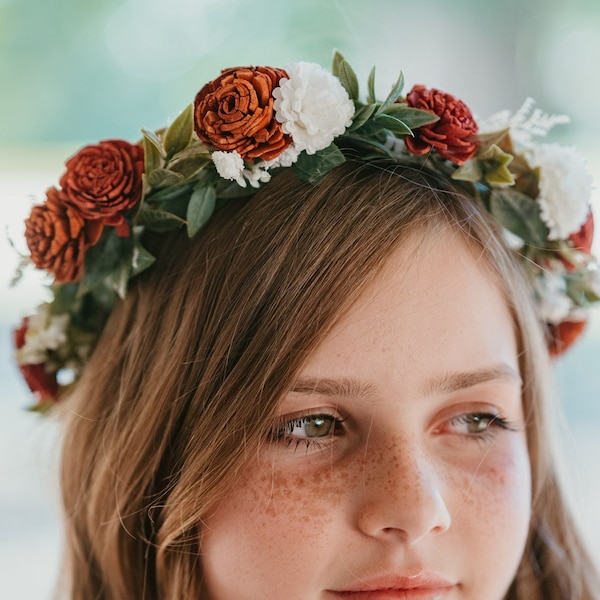 Terracotta, rust, and cream floral crown, burnt orange and off white flower girl accessory, flower girl head band