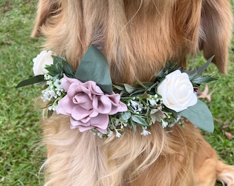 Puede incluir: Un perro golden retriever con una corona de flores con rosas blancas y rosas y vegetación.