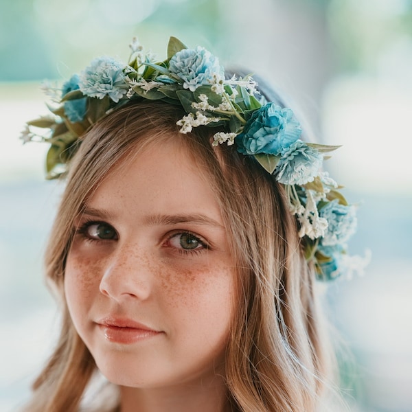 Slate blue, dusty blue and off white floral crown, blue and  off white flower girl accessory, flower girl head band