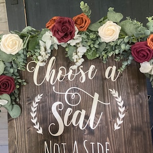 Terracotta and Burgundy Fall Wedding Sign Swag, Floral Sign Decor, Burnt orange, Gold, Rust, Custom Fall Flowers, Boho