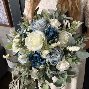 Slate blue, Powder blue, Dusty Blue, White and  sage green Wedding flowers, Dusty Blue Wedding Bouquet