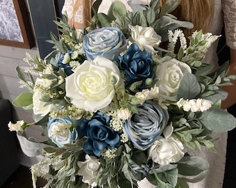 Slate blue, Powder blue, Dusty Blue, White and  sage green Wedding flowers, Dusty Blue Wedding Bouquet