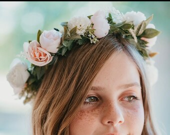 Couronne de fleurs rose et blanc cassé, accessoire de demoiselle d'honneur rose et blanc cassé, serre-tête de demoiselle d'honneur