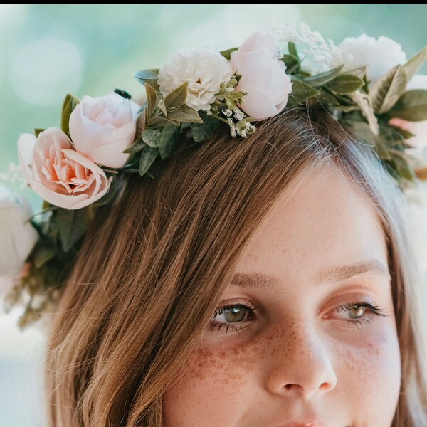 Blush and off white floral crown, pink and  off white flower girl accessory, flower girl head band