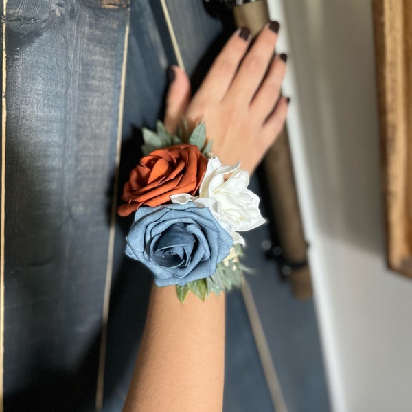 Terracotta, slate blue, and white wrist corsage for Mom or Grandma, Mom wedding flower bracelet