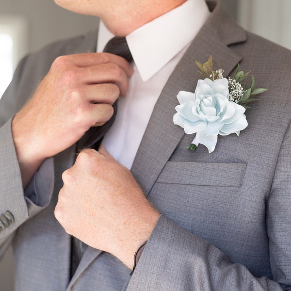 Dusty blue gardenia Boutonnière, Gardenia boutonnière, Blue Boutonnière, Men’s wedding flower