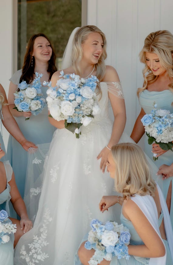 flowers to match light blue dress and White bridal bouquet, hydrangeas wedding bouquet, romantic spring wedding bouquet, pale blue wedding Cascading Bridal Bouquet *1 Sale Without SASSAFRAS KissProm A-Line Strapless Blue SIZE:34