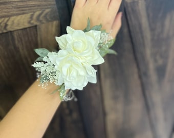 White wrist corsage for Mom or Grandma, Mom wedding flower bracelet