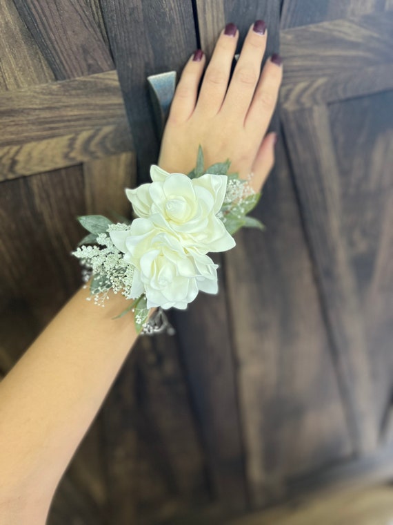 White wrist corsage for Mom or Grandma, Mom wedding flower bracelet