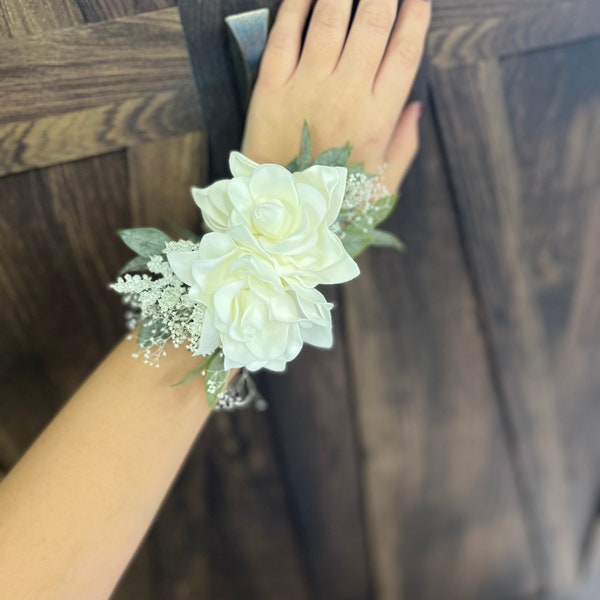 White wrist corsage for Mom or Grandma, Mom wedding flower bracelet