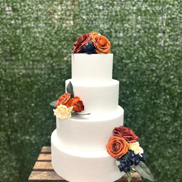 Terracotta, rust and navy Cake flower arrangements, small flower clusters, flower accents