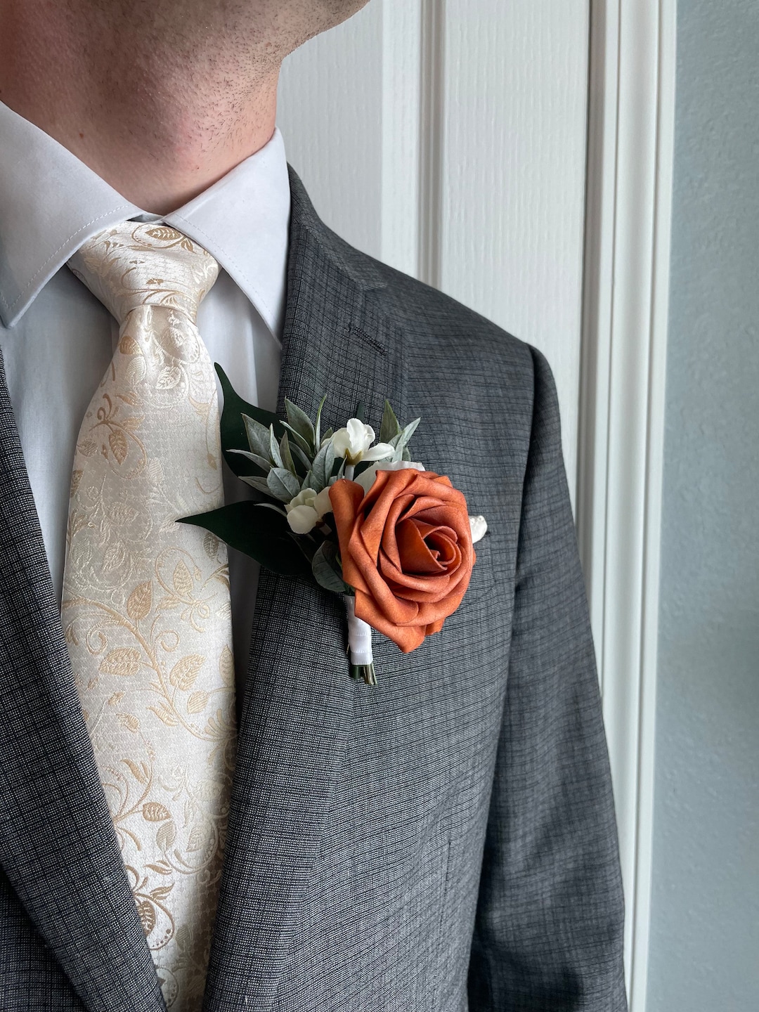 Terracotta Rose Boutonnière, Burnt Orange Boutonnière, Fall Men's