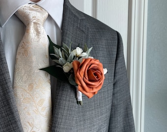 Terracotta rose Boutonnière, burnt orange boutonnière, fall Men’s wedding flower