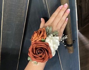 Terracotta, rust, and cream wrist corsage for Mom or Grandma, Mom wedding flower bracelet