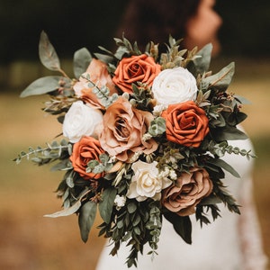 Terracotta and taupe, orange, sage green, taupe, terracotta and ivory bouquet, boho bouquet, fall bouquet