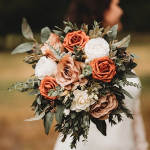 Terracotta and taupe, orange, sage green, taupe, terracotta and ivory bouquet, boho bouquet, fall bouquet