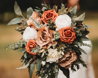 Terracotta and taupe, orange, sage green, taupe, terracotta and ivory bouquet, boho bouquet, fall bouquet