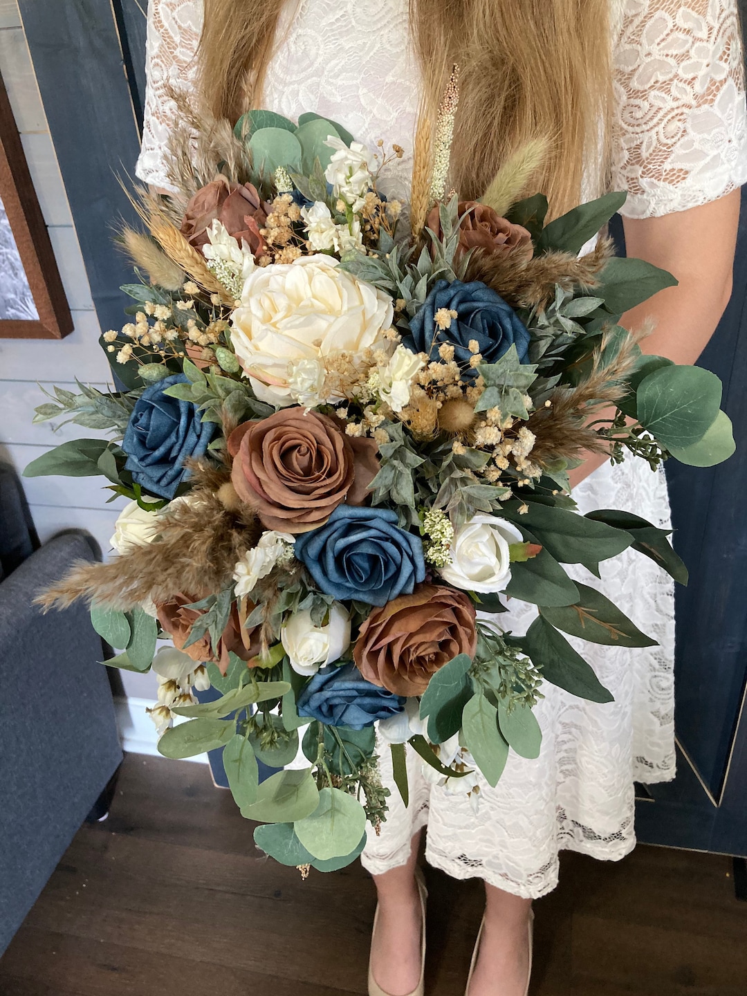 Cascade Slate Blue and Brown Flowers, Dried Naturals, Blue and Brown