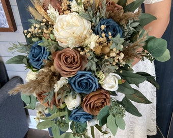 Slate Blue and Brown Silk Wedding Bouquet, Dried Naturals