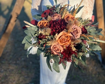 Terracotta and burgundy with dusty rose Fall wedding bouquet, Burnt orange, Burgundy, custom flowers