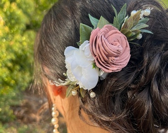 Hair piece for Bride, dusty rose and white floral hair comb, wedding hair piece,  wedding accessories, bridal pin