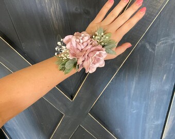 Dusty rose gardenia wrist corsage for Mom or Grandma, Mom wedding flower bracelet