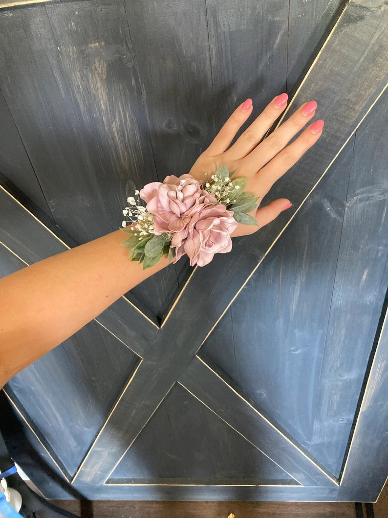 Dusty rose gardenia wrist corsage for Mom or Grandma, Mom wedding flower bracelet image 1