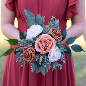Terracotta and peach, bridesmaid bouquet, orange, sage green, taupe, terracotta and ivory bouquet, boho bouquet, fall bouquet