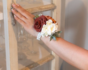 Terracotta, rust, and cream wrist corsage for Mom or Grandma, Mom wedding flower bracelet