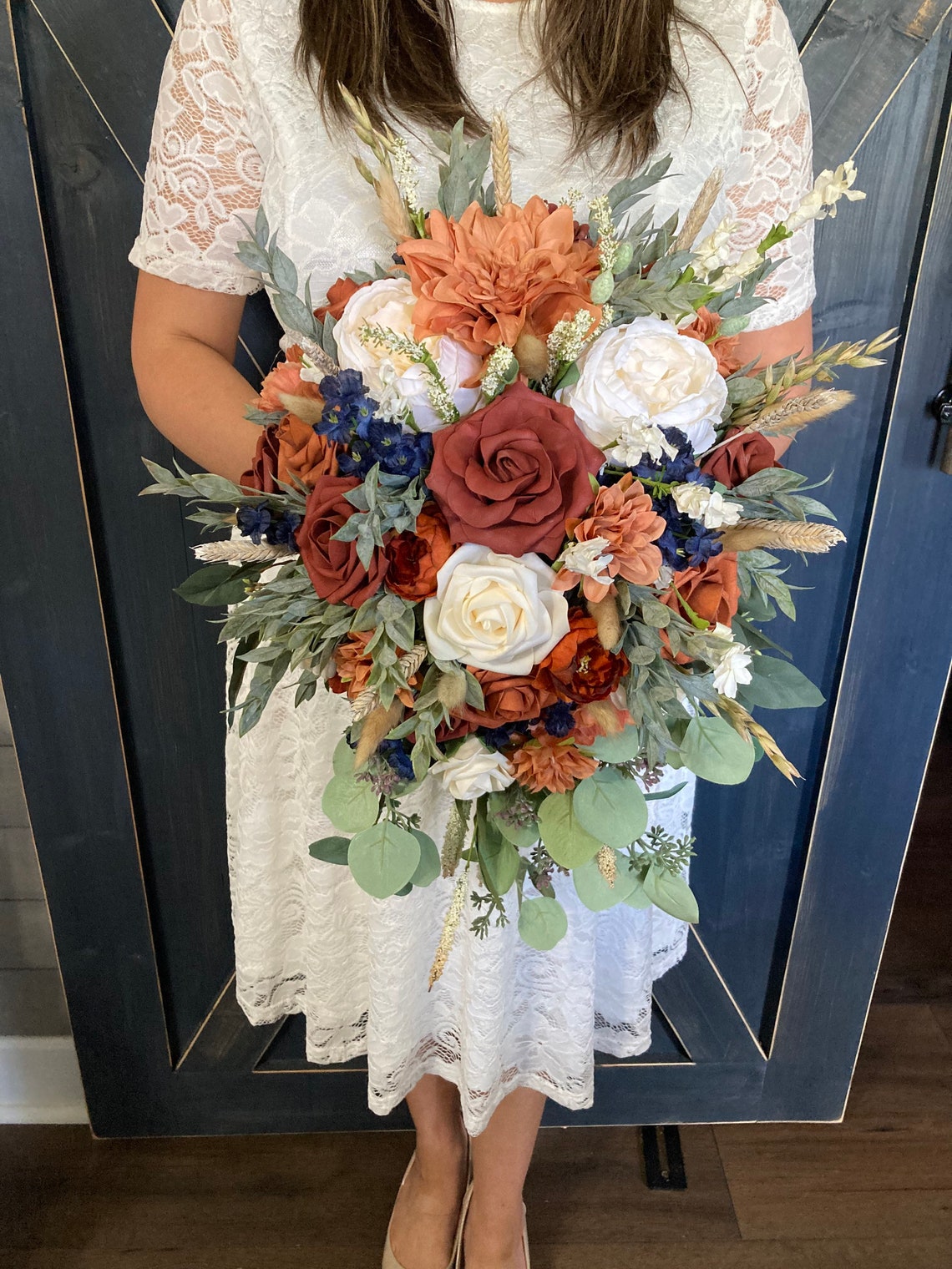 Cascade mixed Fall Bridal wedding bouquet Burnt orange Navy image 1