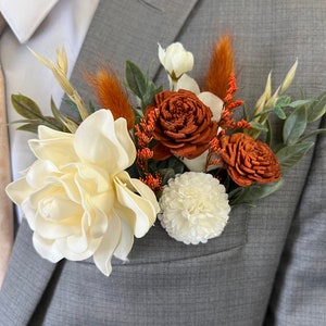 Terracotta and cream pocket boutonniere, pocket flowers, grooms wedding flowers